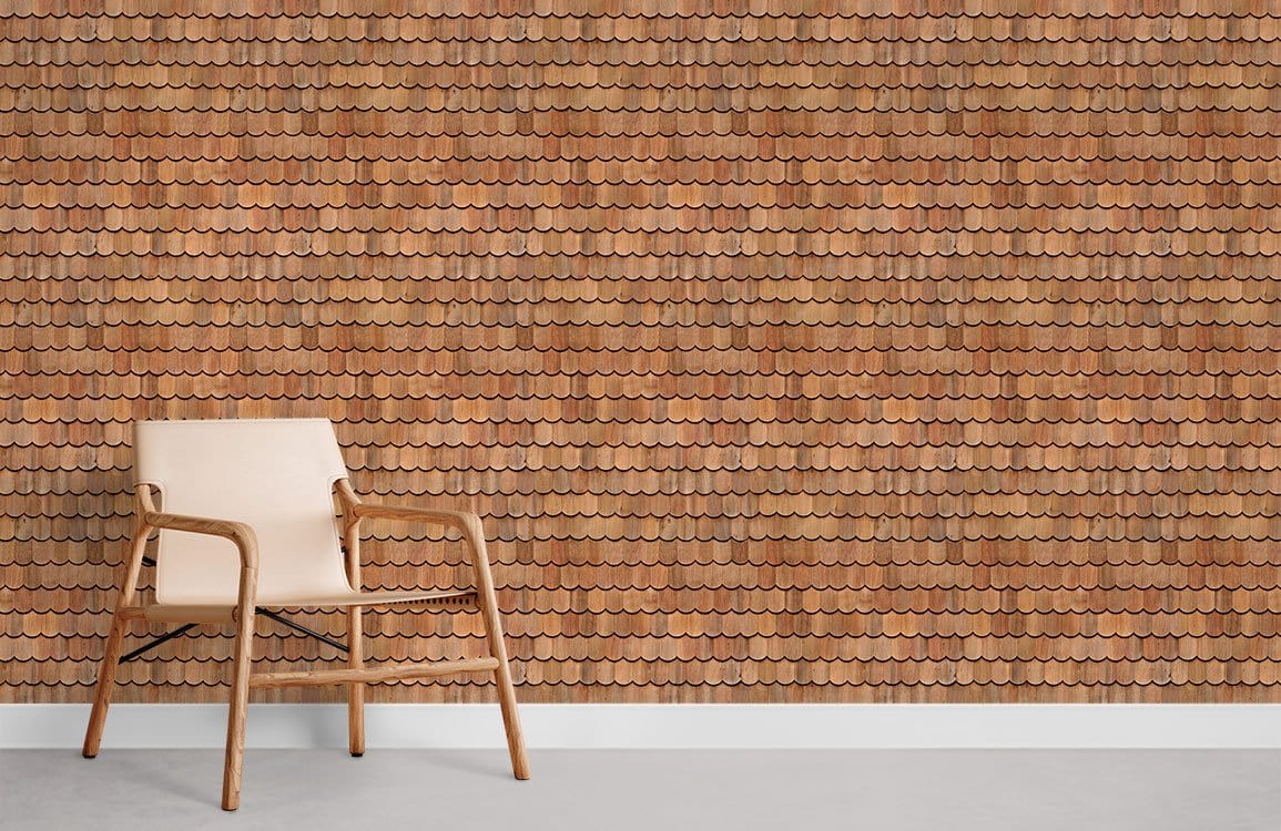 Rustic red brick patterned wallpaper in living room with beige modern chair and grey flooring.