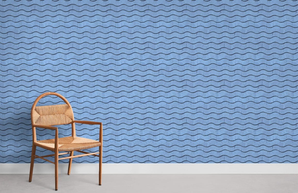 Tranquil Ocean Waves Wallpaper with wooden chair, blue patterned coastal design. Elegant room decor style.
