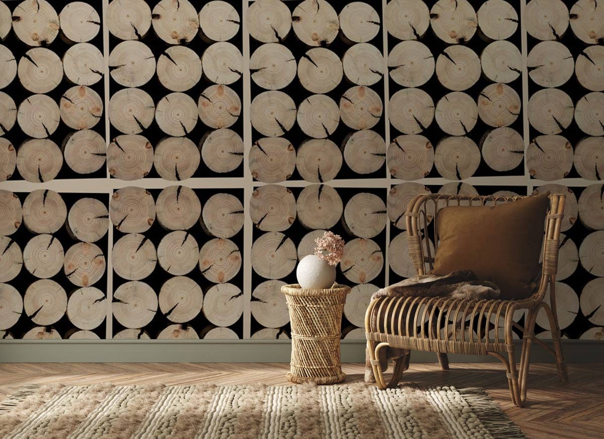 Rustic wood wallpaper in living room, natural timber log pattern with wicker chair, carpeted flooring.