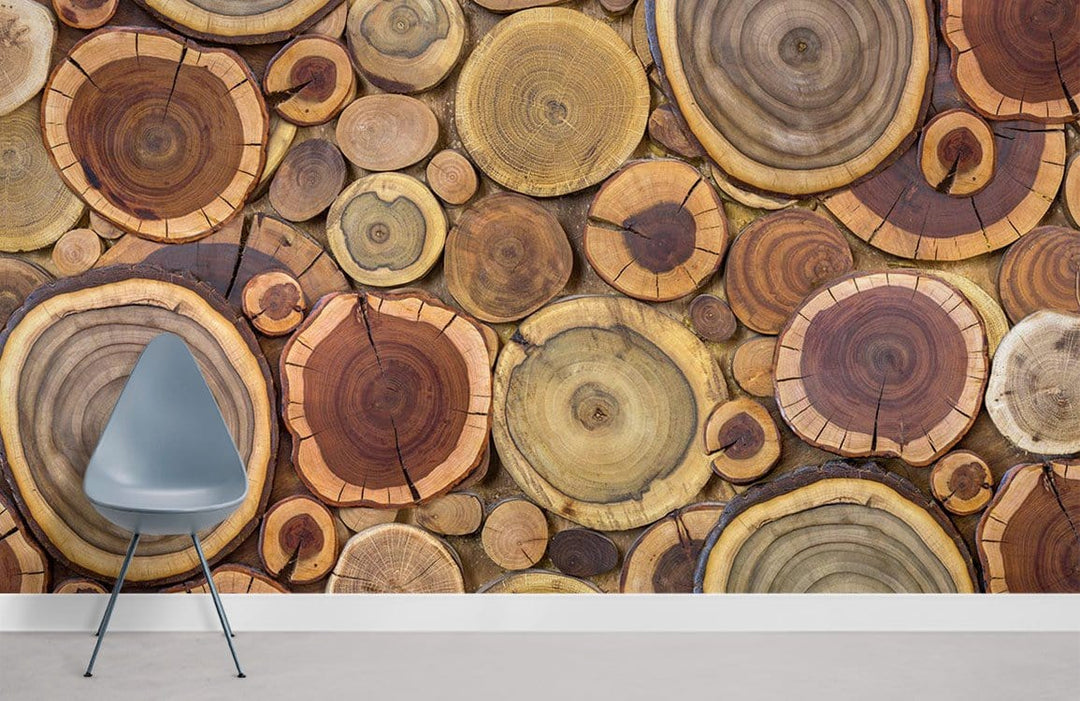 Rustic wood slice wallpaper with earthy tones; modern grey chair; minimalist room design.