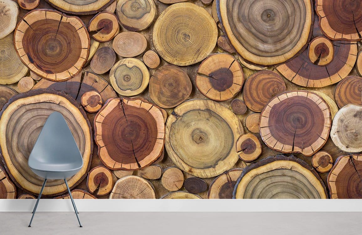 Rustic wood slice wallpaper with earthy tones; modern grey chair; minimalist room design.