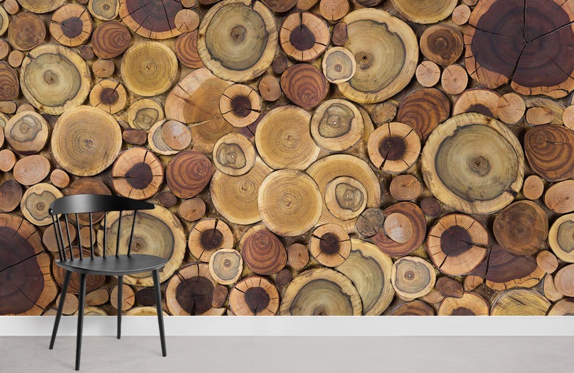 Rustic wood log slice wallpaper in earthy tones, black chair, minimalist grey flooring, cosy room setting.