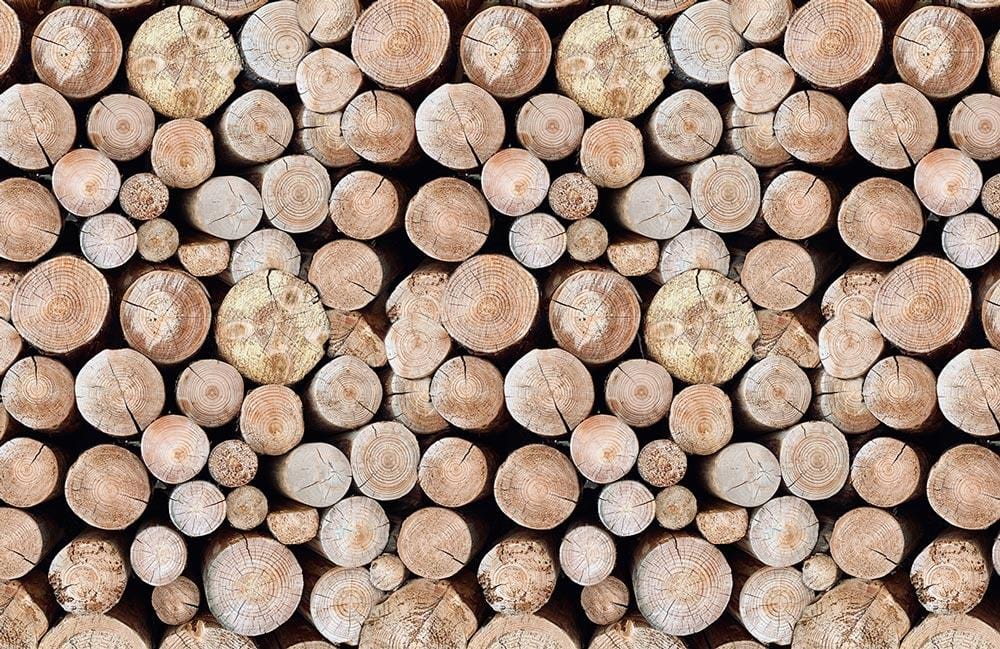 Natural Log Stack Pattern Wallpaper - Rustic Brown Wood Texture Decor