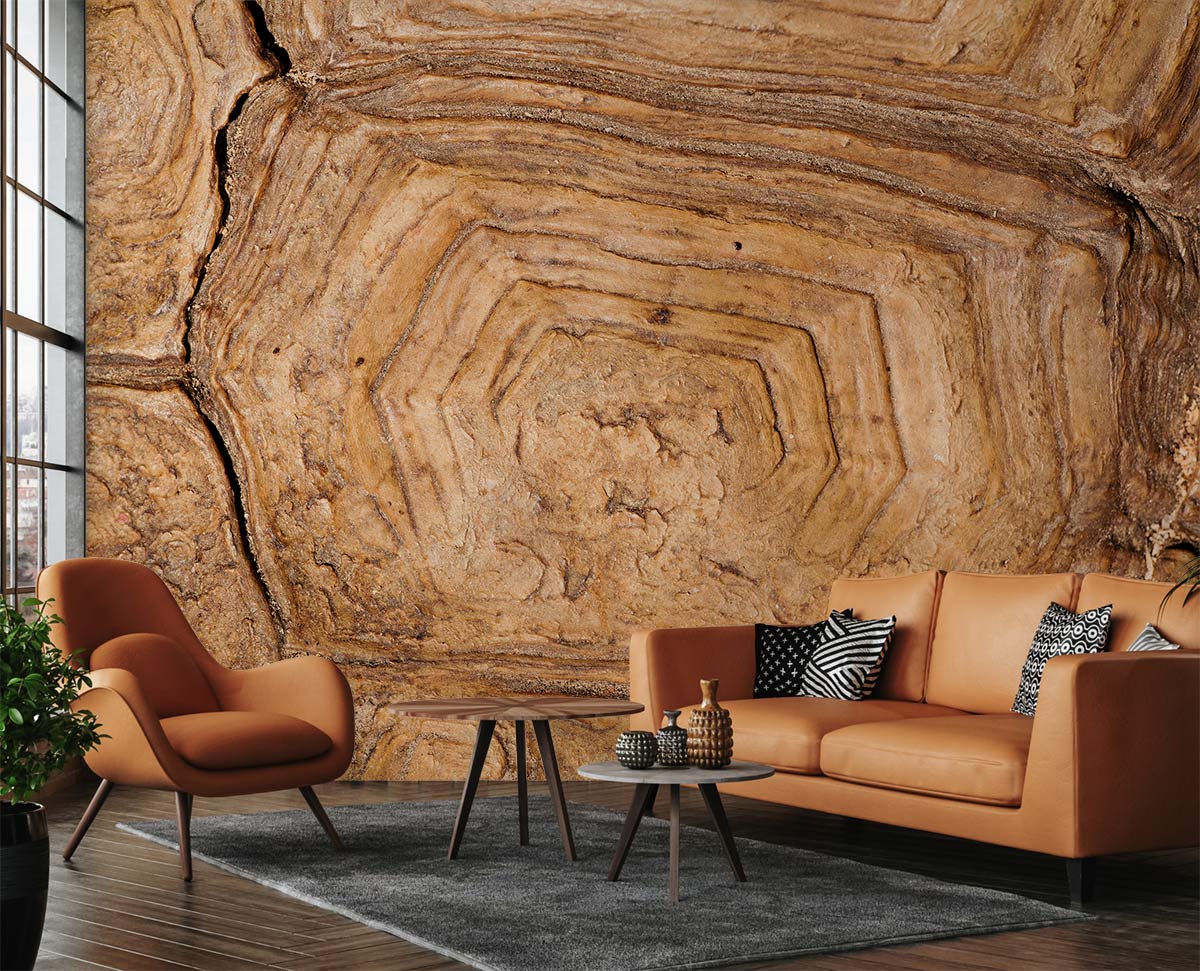 Natural Tortoise Shell Wallpaper in rustic living room with brown sofa, armchair, wood flooring.