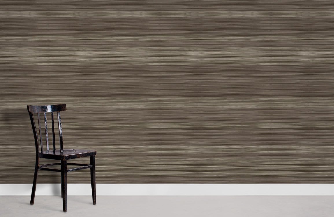 Earthy taupe textured stripe wallpaper, elegant modern accent, with dark wooden chair, light flooring.