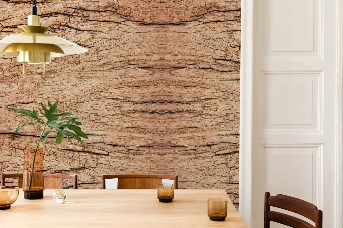 Rustic wood texture wallpaper, dining room with wooden table and chairs, pendant lamp, white panelled wall.