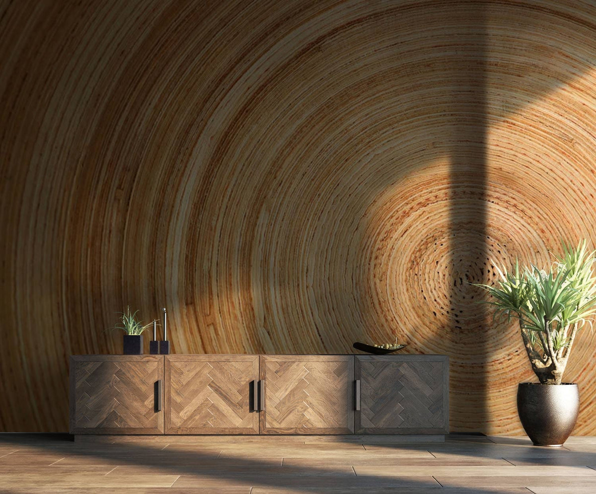 Natural wooden spiral wallpaper with rustic brown texture, wooden cabinet, potted plant, and tile flooring.