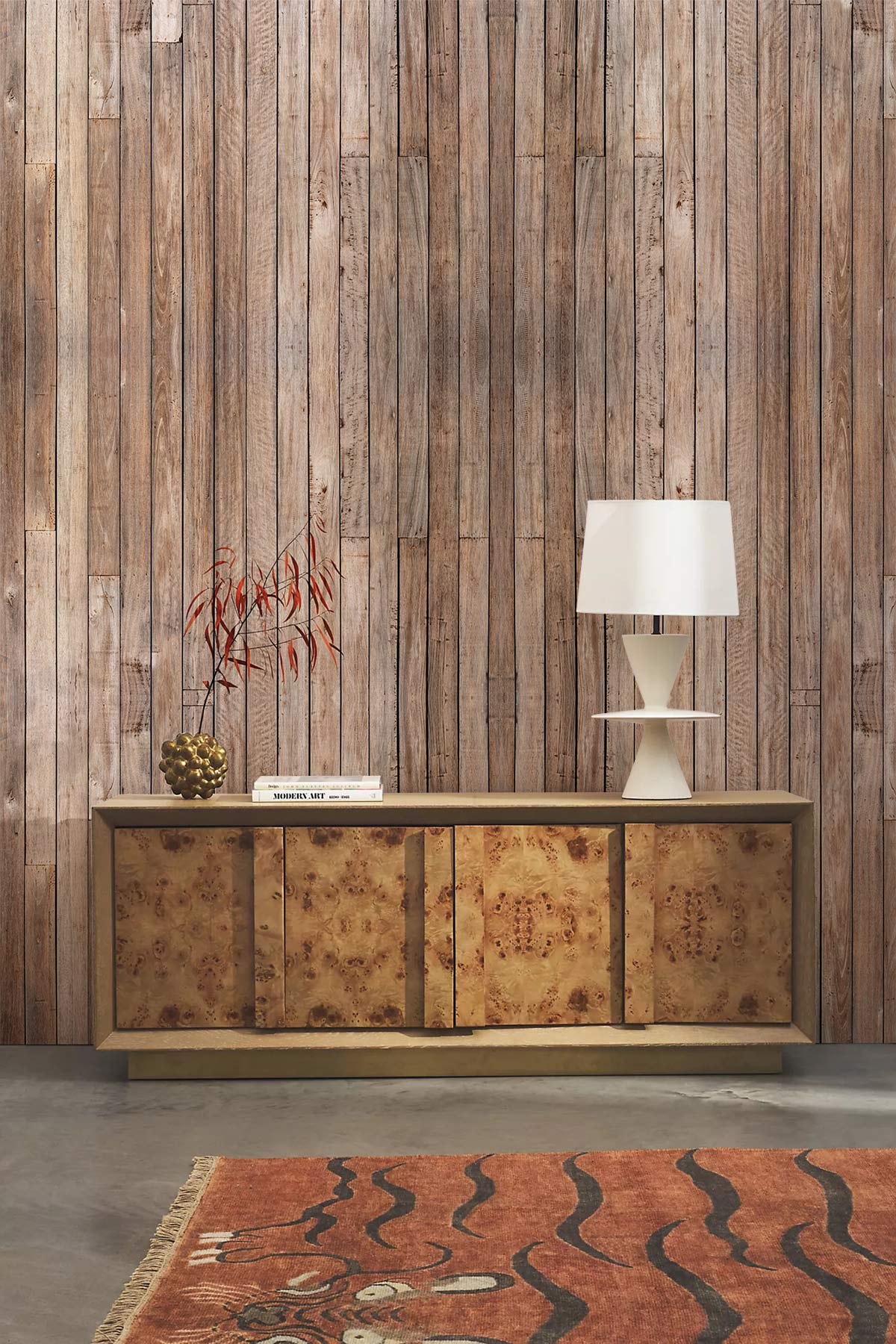 Rustic Wooden Plank Wallpaper with sideboard, white lamp, concrete flooring, decorative rug in living room.