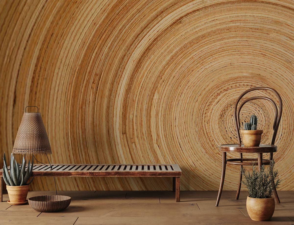 Natural wooden spiral wallpaper with rustic chair, wooden bench, and light brown flooring in living room.