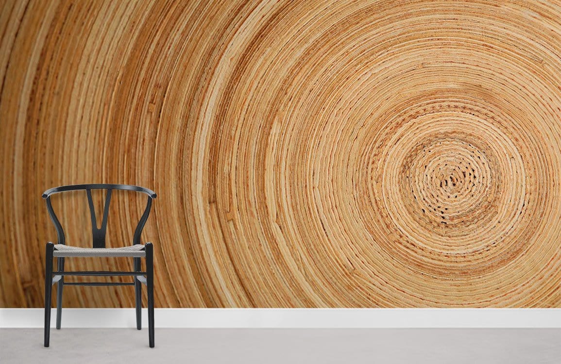 Natural Wooden Spiral Wallpaper - Rustic brown wall, black chair, grey floor, textured design Décor.