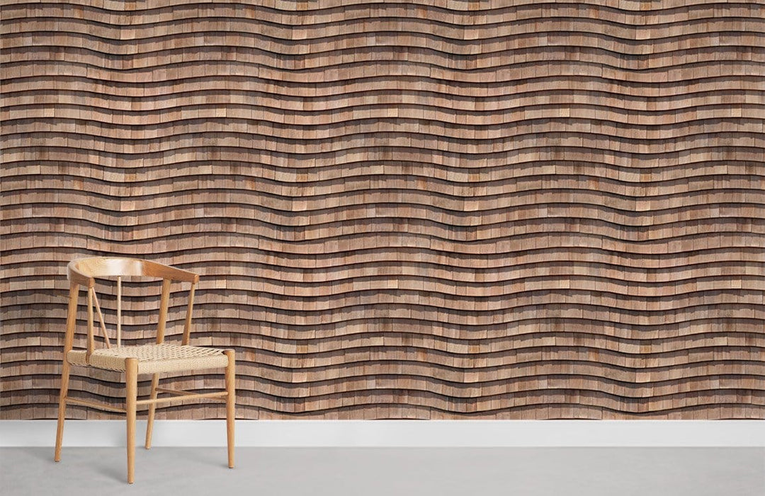 Rustic wood-effect wave pattern wallpaper, earthy tones, wooden chair, modern minimalist style.