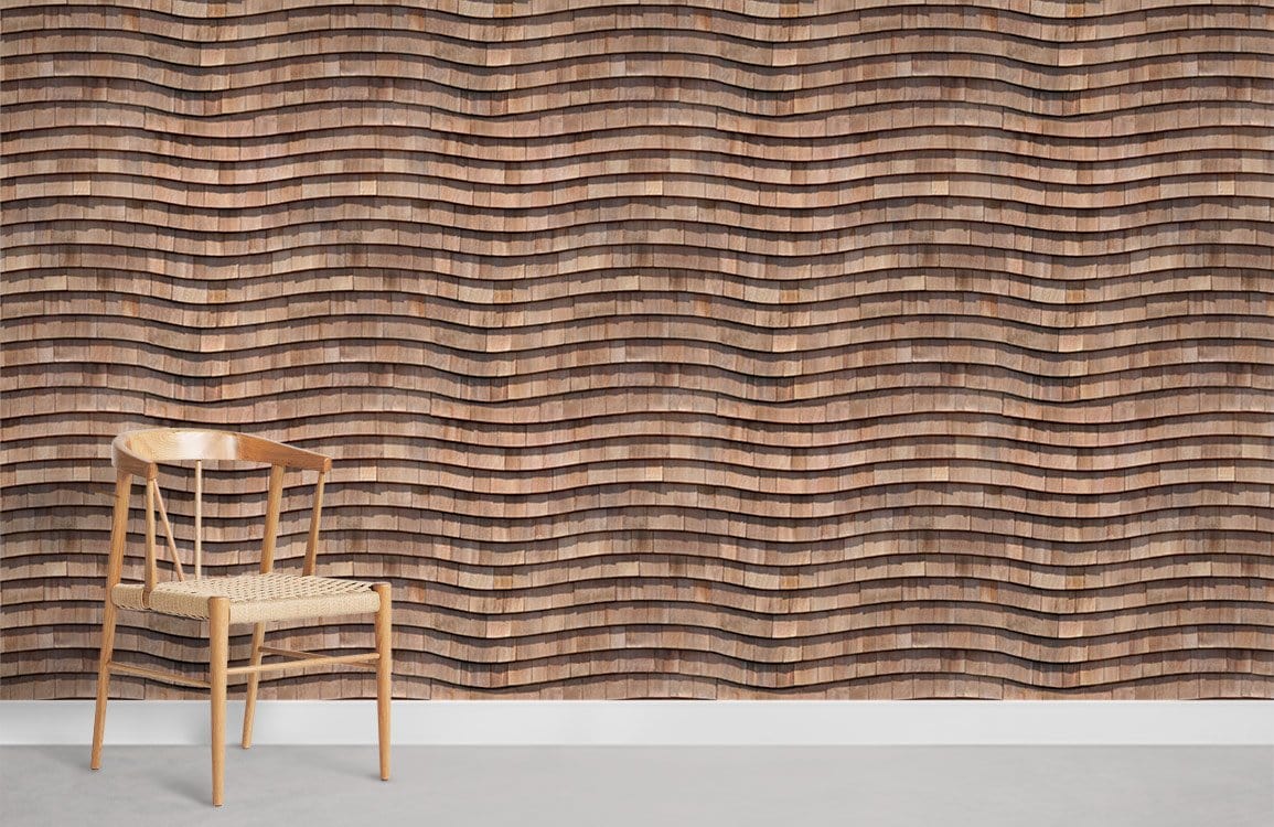 Rustic wood-effect wave pattern wallpaper, earthy tones, wooden chair, modern minimalist style.