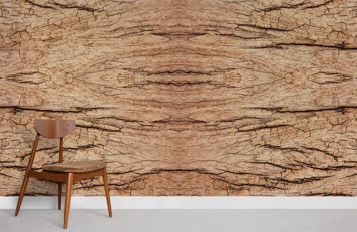 Natural Rustic Wood Texture Wallpaper with wooden chair in minimalist room, enhancing cosy home Décor.