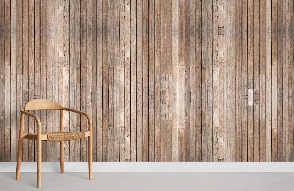 Rustic brown timber wallpaper on wall with wooden chair, grey flooring, enhancing homely decor atmosphere.