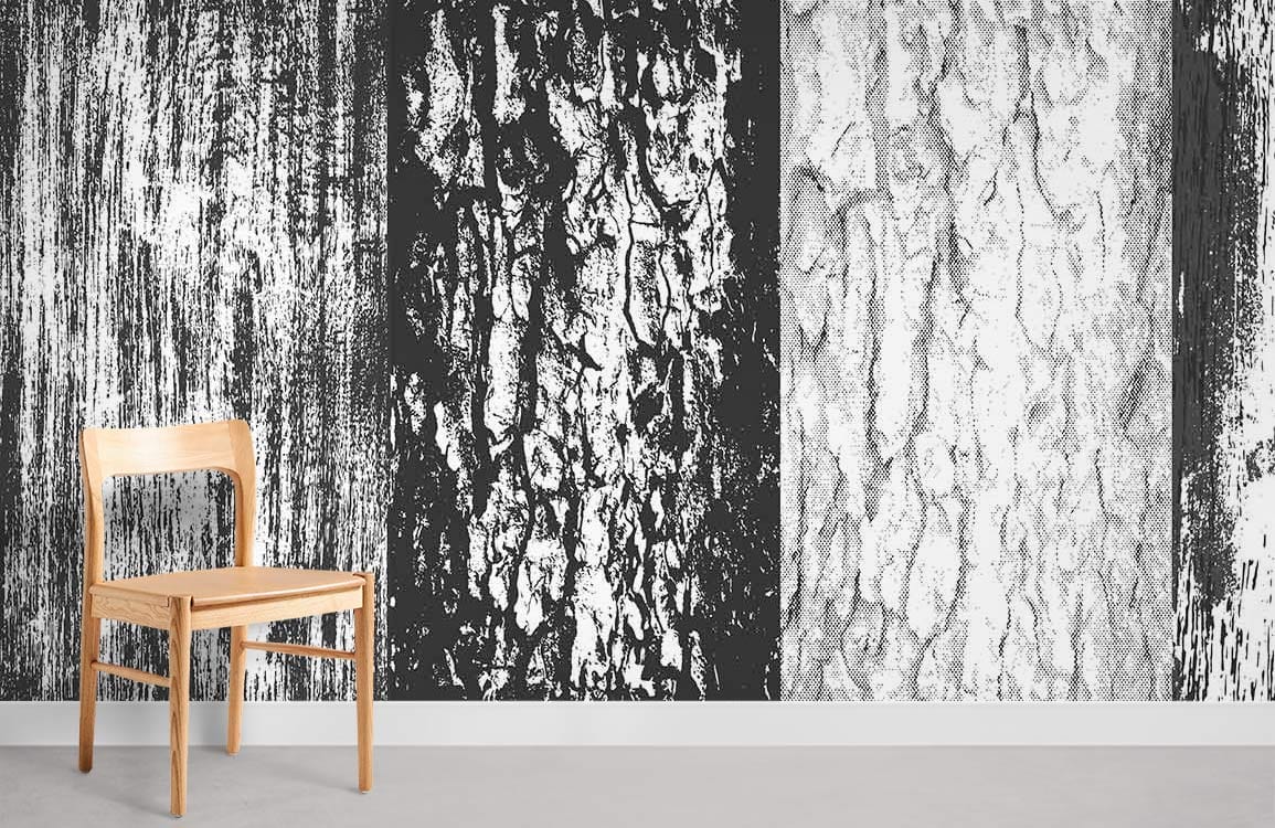 Rustic monochrome tree bark wallpaper, stylish interiors, wooden chair, grey flooring, modern design aesthetics.