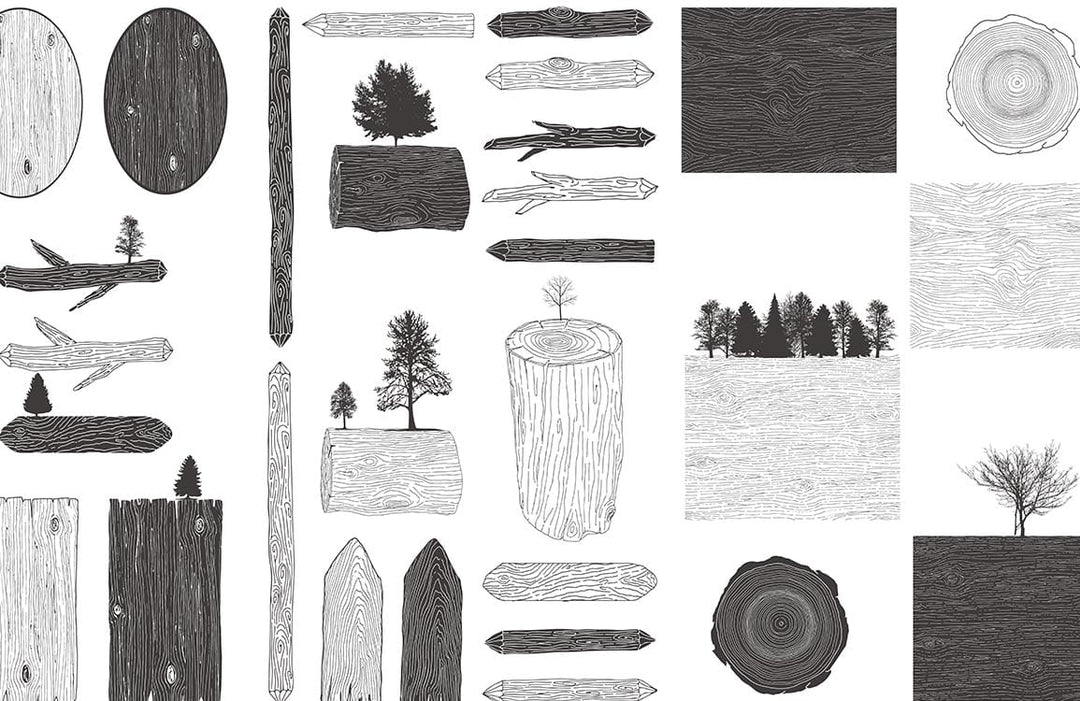 Monochrome Woodland Sketch Pattern Mural Wallpaper for Rustic Interior Decor