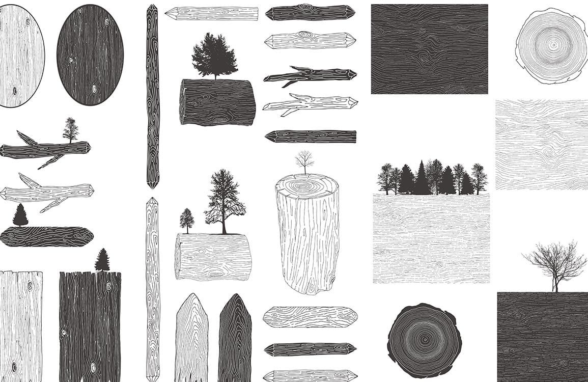 Monochrome Woodland Sketch Pattern Mural Wallpaper for Rustic Interior Decor