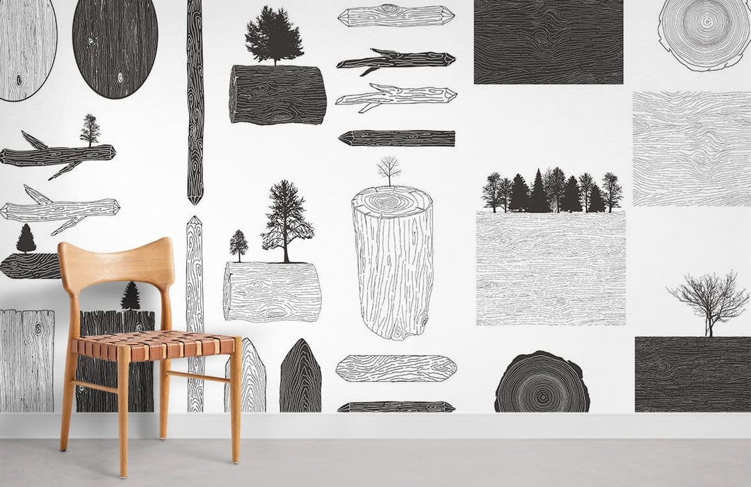 Monochrome woodland mural wallpaper in rustic room with minimalist wooden chair, grey flooring, decorative pattern.