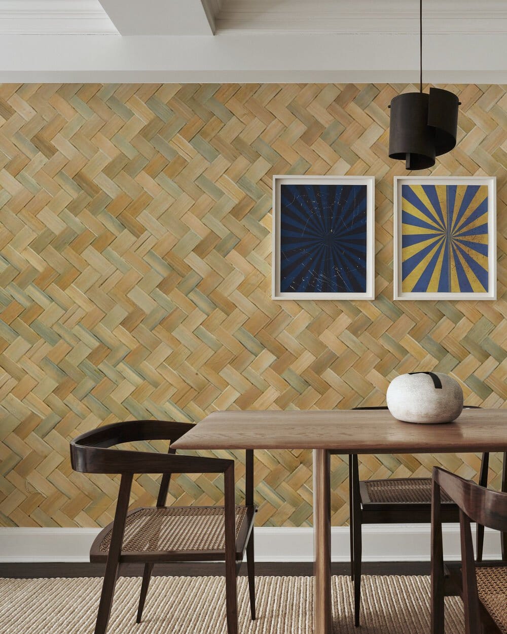 Natural Woven Basket Pattern Wallpaper in dining room, featuring wooden table, chairs, and artistic wall decor.
