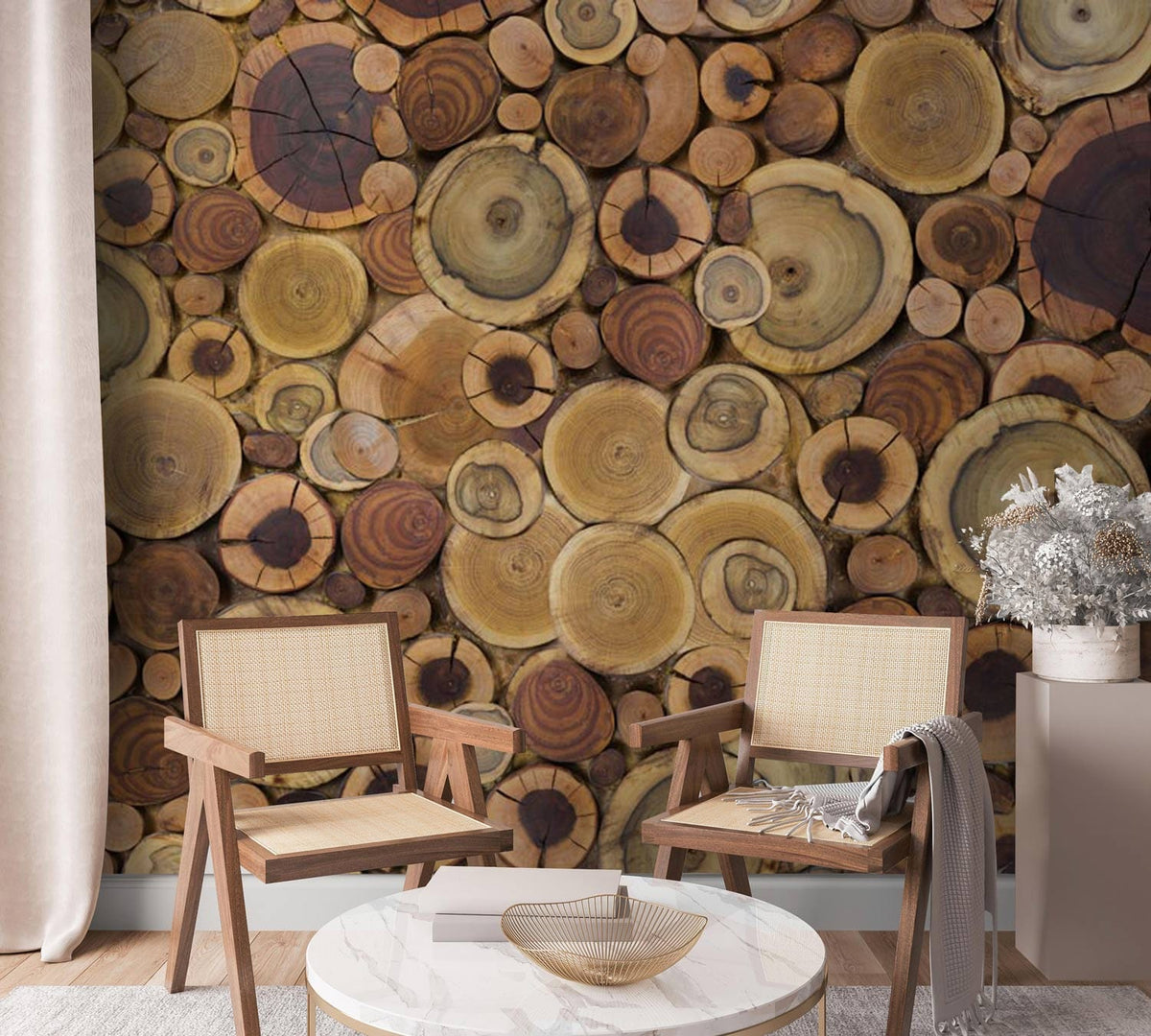 Rustic wood log slice wallpaper in earthy tones with natural chairs, marble coffee table in cosy room.