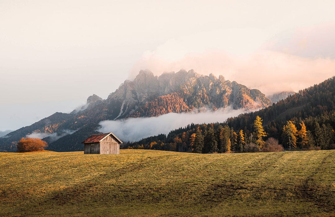 Serene Autumn Mountain Landscape Mural Wallpaper - Rustic Cabin, Warm Tones