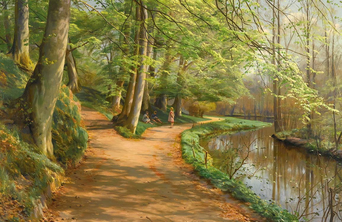 Tranquil Riverside Woodland Path Mural with Lush Greenery Landscape Design