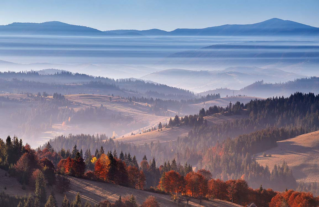Autumn Mist Scenic Landscape Mural Wallpaper with Mountain View Décor