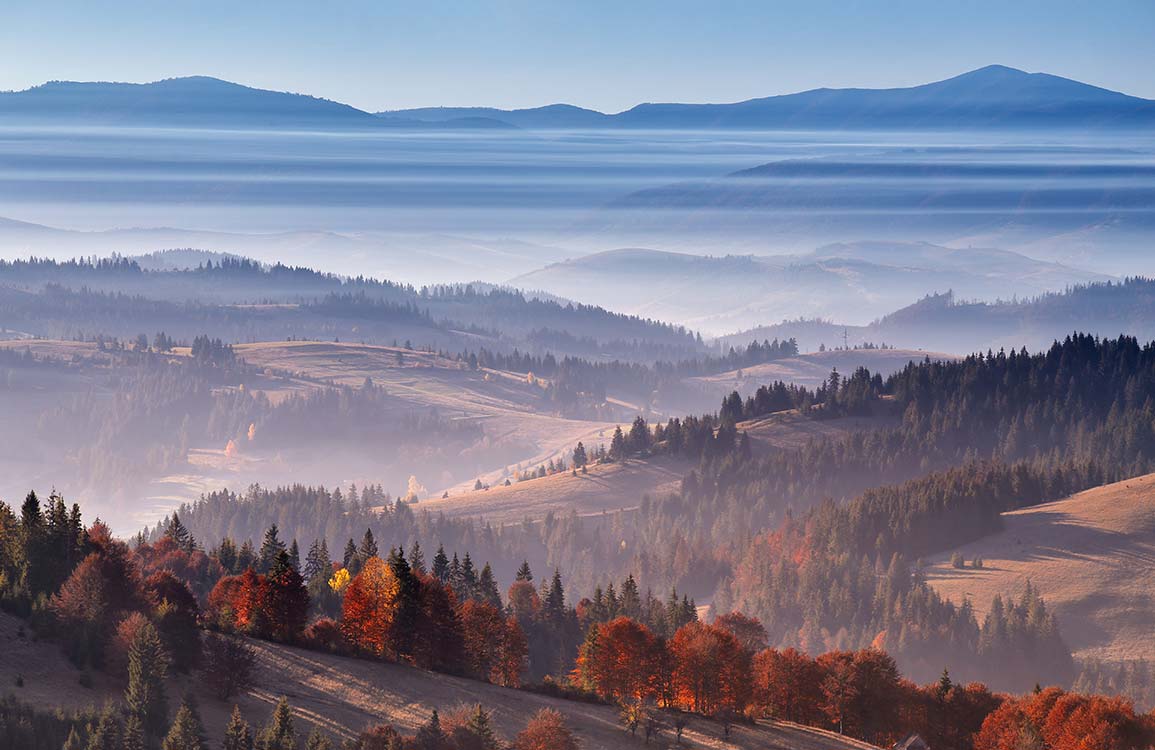 Autumn Mist Scenic Landscape Mural Wallpaper with Mountain View Décor