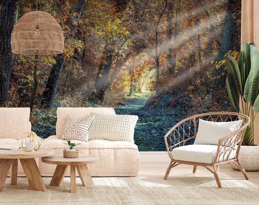 Enchanted Autumn Forest Path Mural with beige sofas, woven chair, and natural wooden flooring.