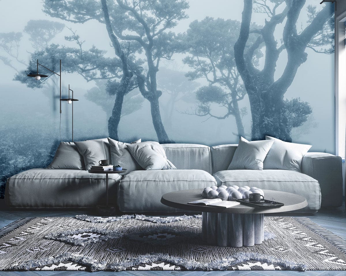 Serene Misty Forest Fog Wallpaper, grey tones, complements grey sofa, round table, wool rug, living room.
