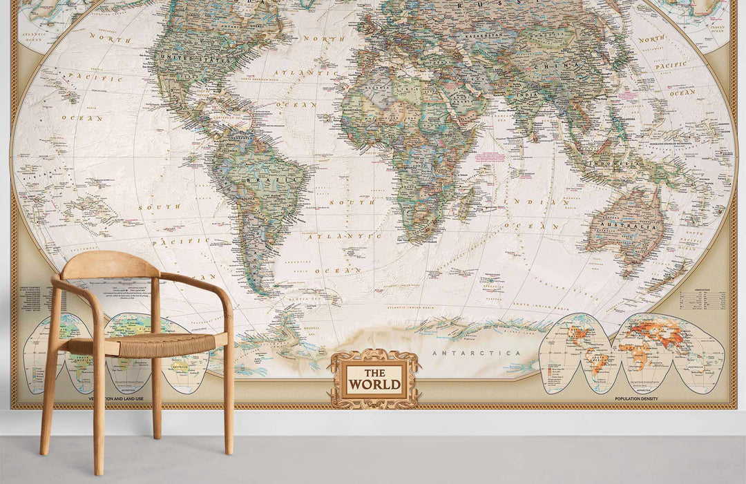 Vintage World Map Mural Wallpaper in Earth Tones, featuring wooden chair, grey flooring in living room.