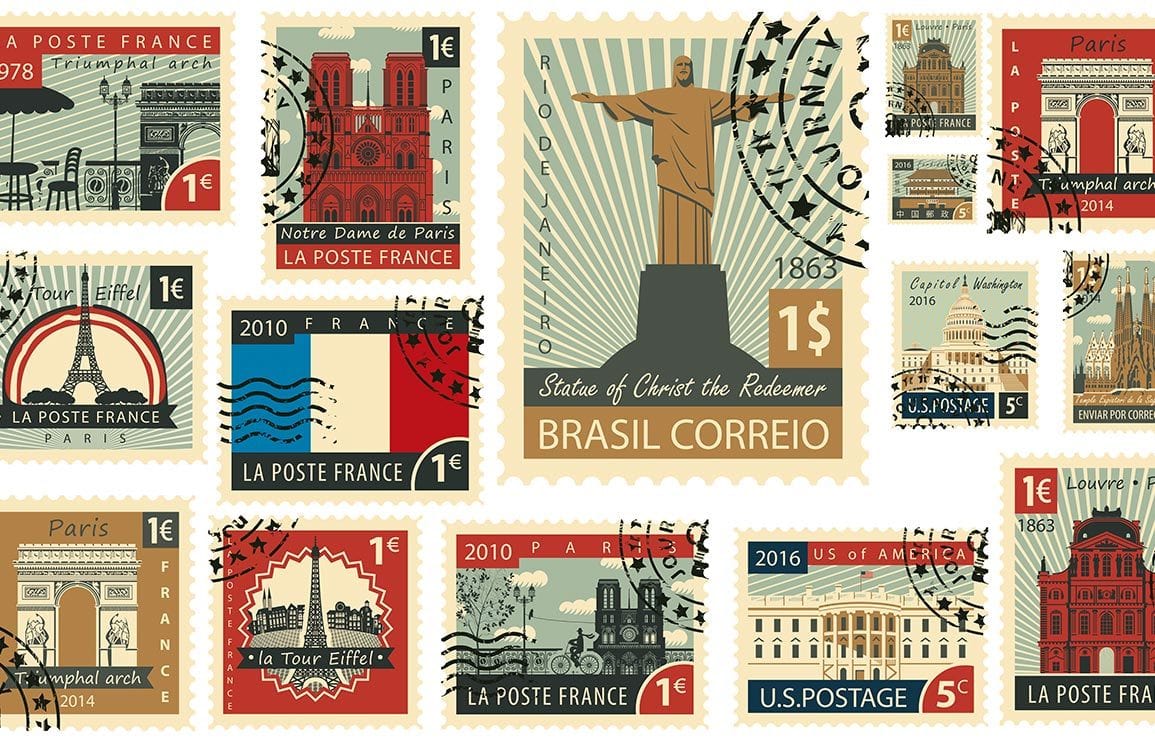 Vintage Travel Stamps Pattern Wallpaper with Iconic Landmarks - Retro Multicolour Design