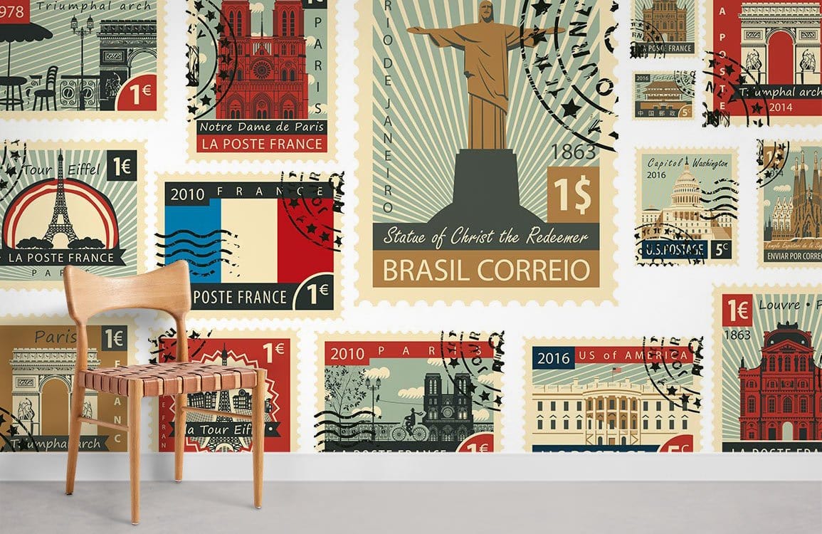 Vintage Travel Stamps Wallpaper, iconic landmarks pattern, retro multicolour, wooden chair, light flooring.