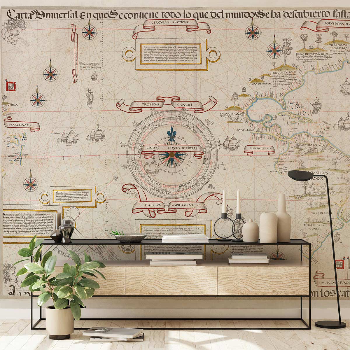Vintage nautical map mural wallpaper in sepia tones, living room, light wood console, decorative plants.
