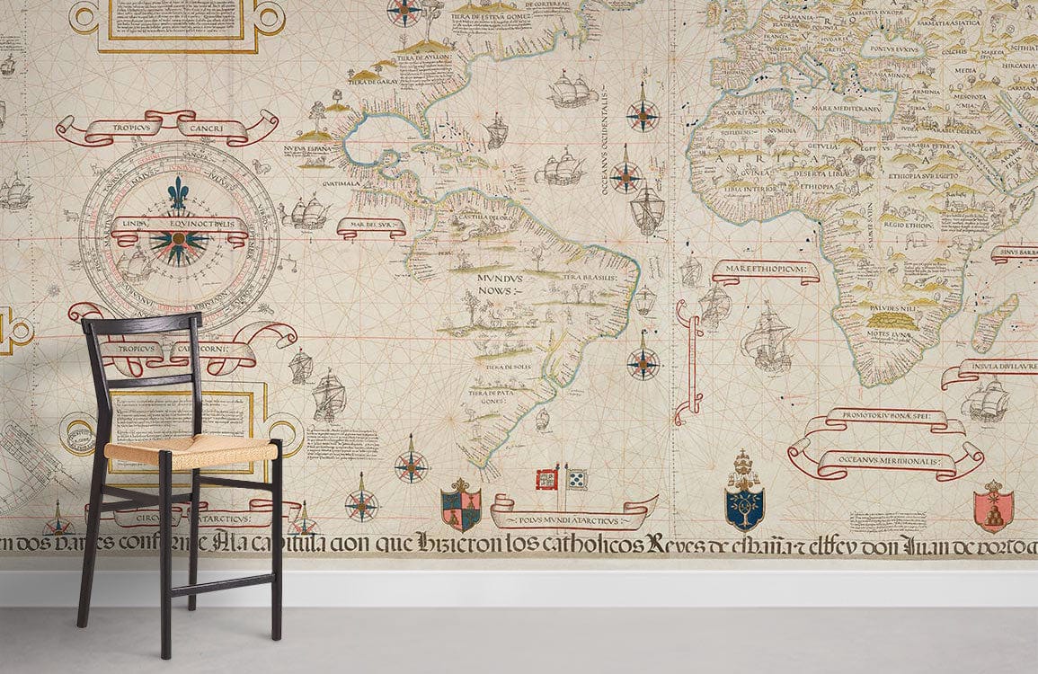 Vintage World Map Mural Wallpaper, sepia tones, classic nautical design, wooden chair, light flooring.