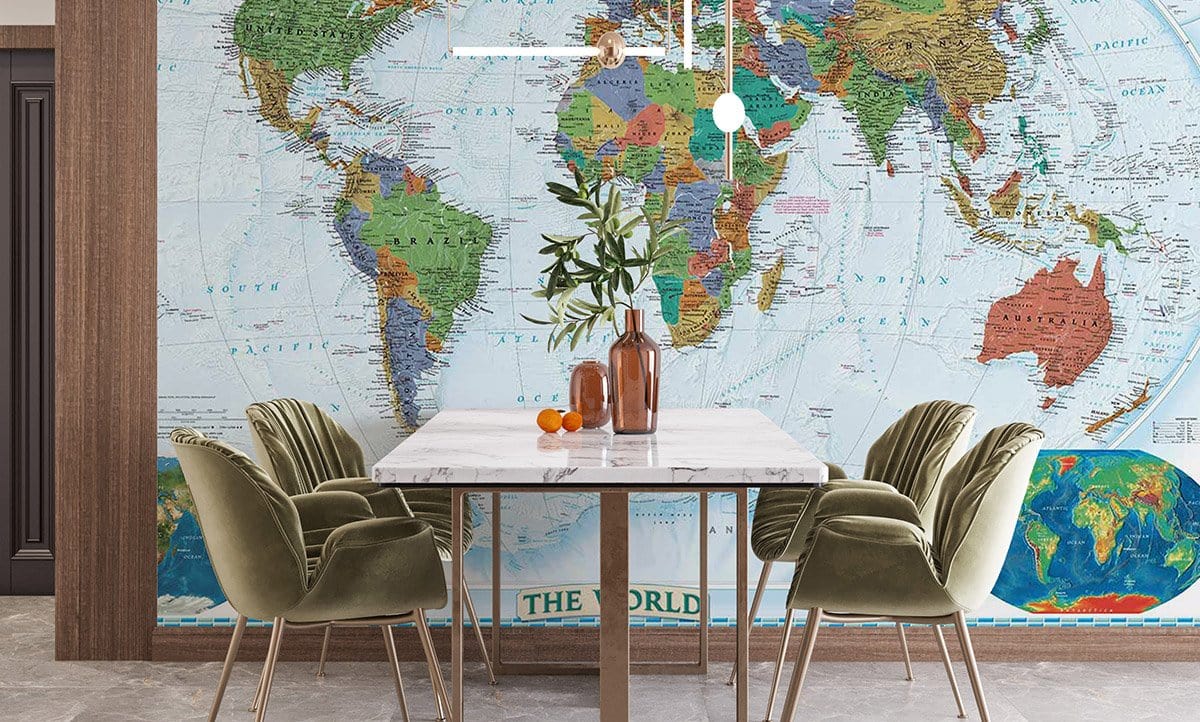 Vintage World Map Mural Wallpaper in dining room with marble table, green velvet chairs, hardwood flooring.