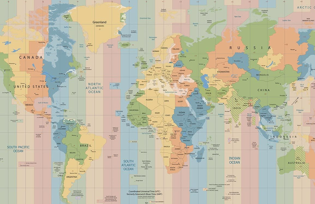 Educational World Map Mural Wallpaper with Soft Pastel Time Zones