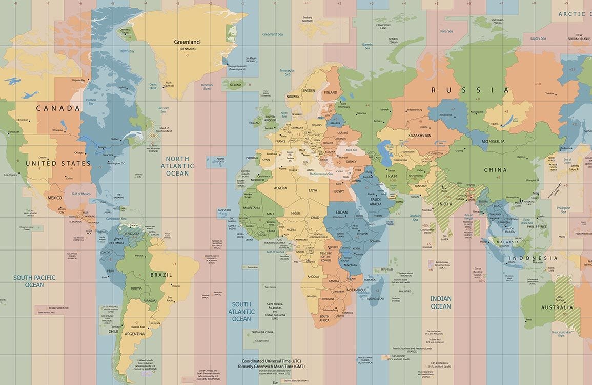 Educational World Map Mural Wallpaper with Soft Pastel Time Zones