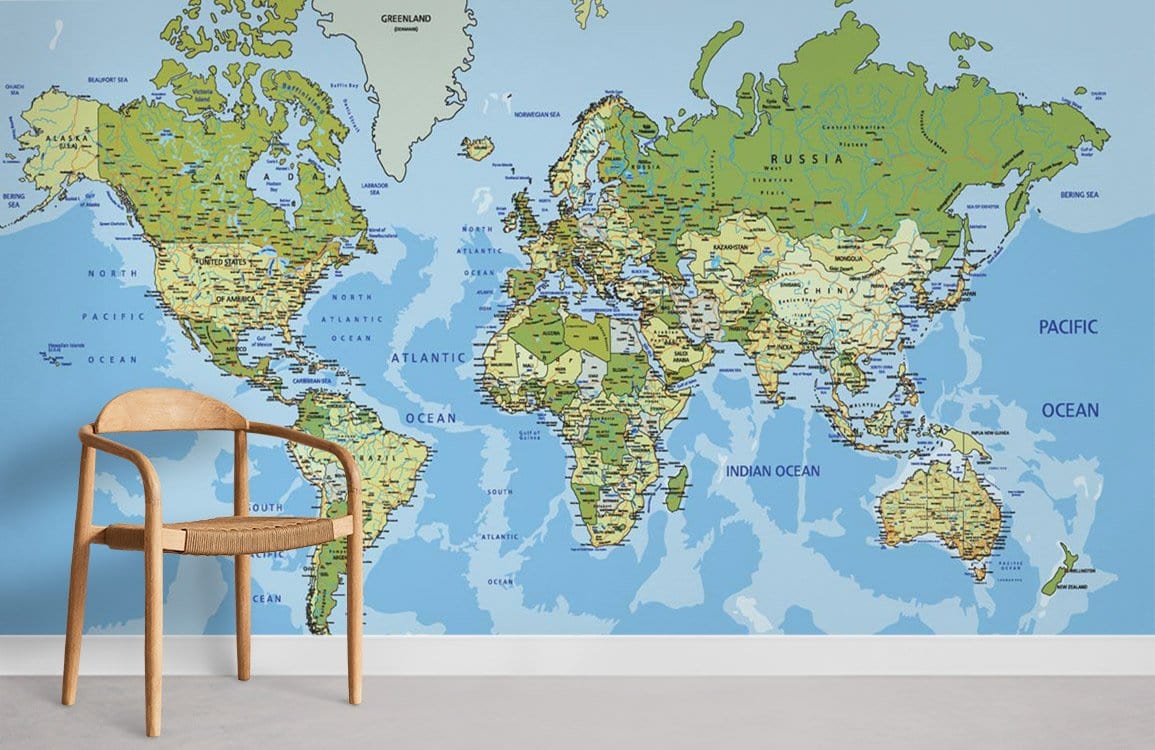 Vintage World Map Mural Wallpaper featuring green, blue design; wooden chair; grey flooring; modern style.