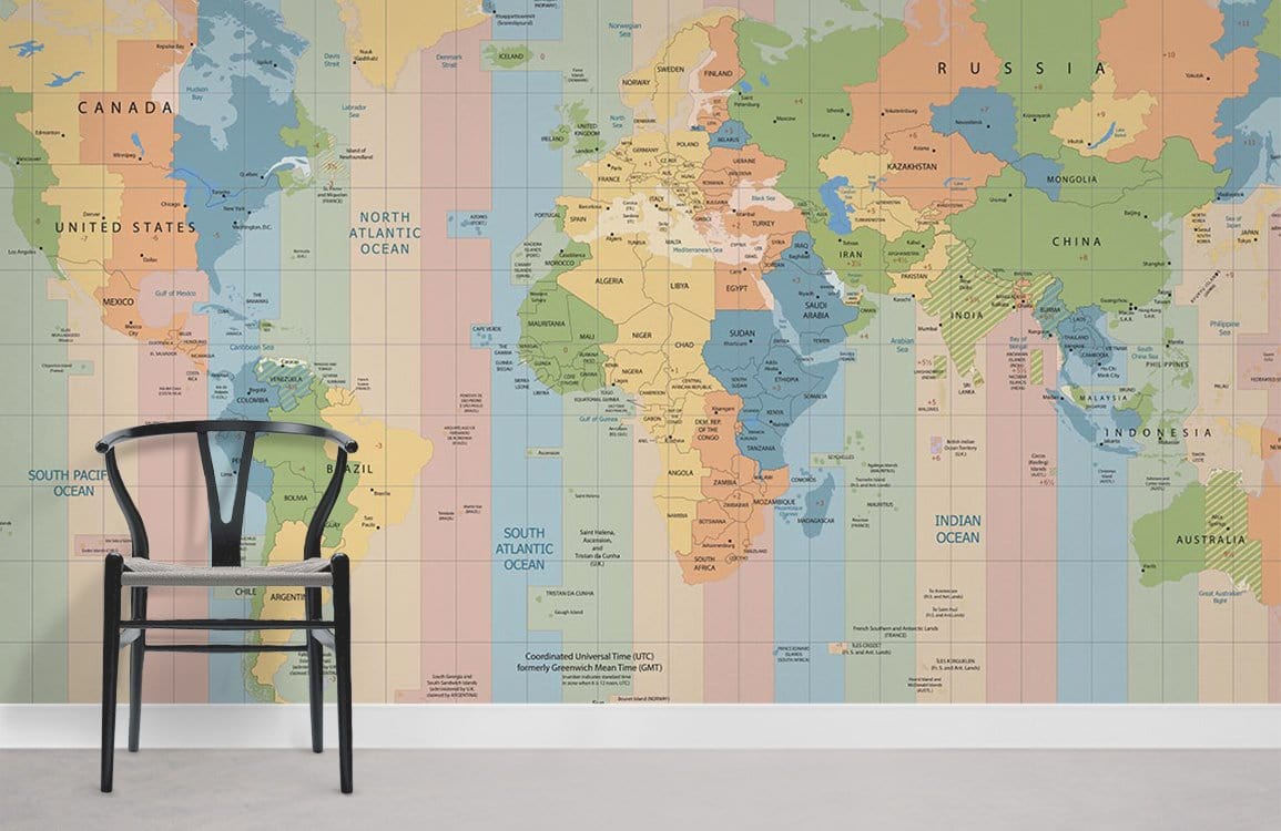 Educational world map mural wallpaper with time zones, pastel colours, chair, modern wall decor.