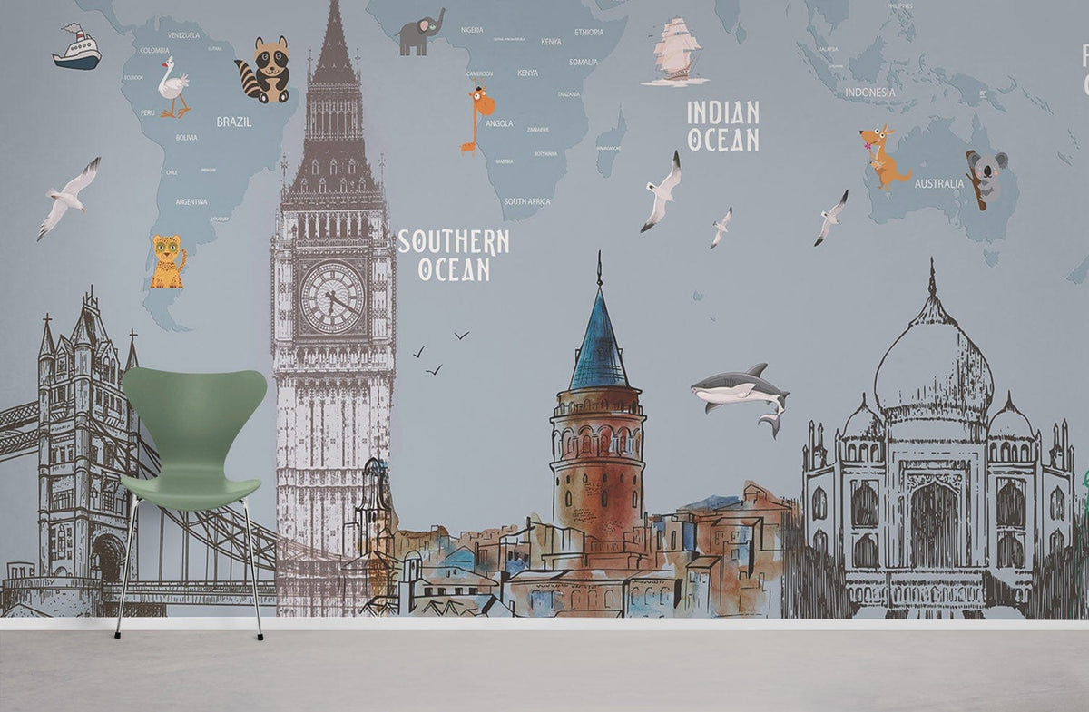 Whimsical World Map Mural Wallpaper, featuring landmarks, animals, green chair, modern grey wall design.