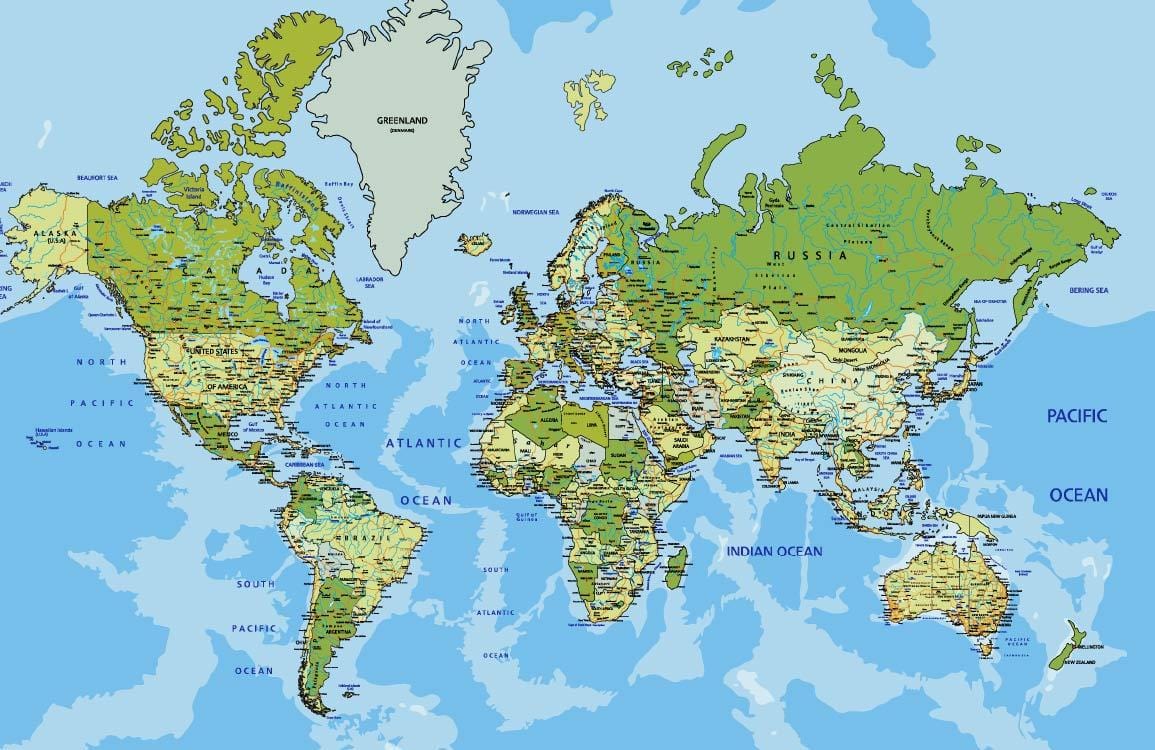 Vintage World Map Mural Wallpaper in Green, Blue Geographical Design