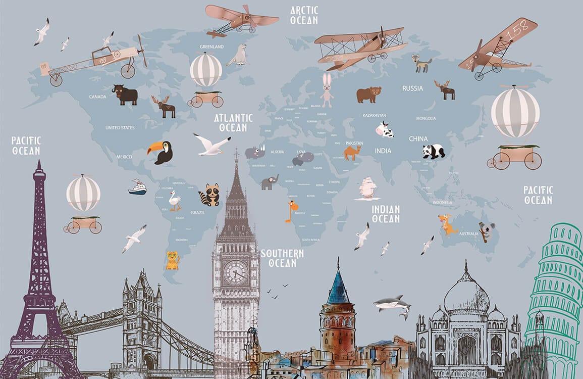 Whimsical World Map Mural Wallpaper with Iconic Landmarks and Animals Design