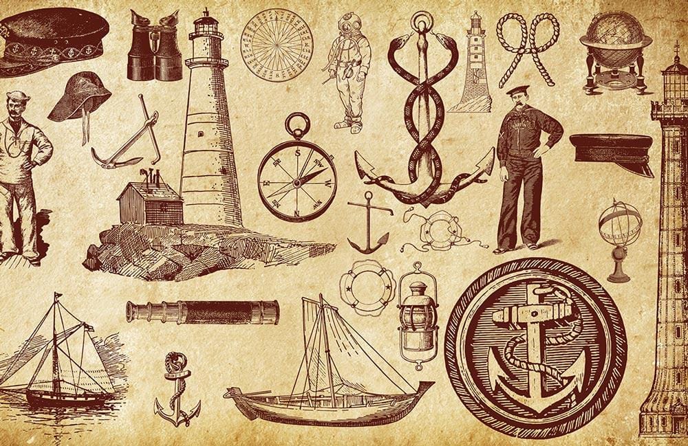 Vintage Nautical Brown Sepia Maritime Pattern Wallpaper with Lighthouses and Sailors