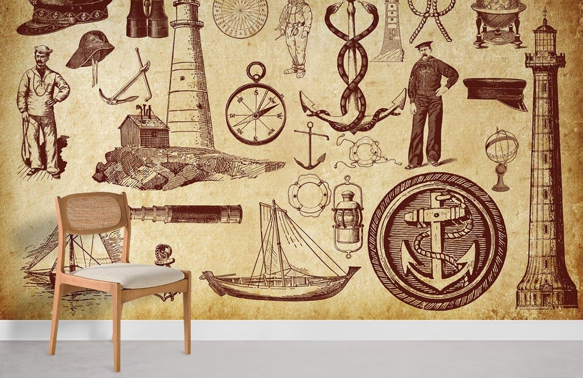Vintage nautical brown sepia wallpaper featuring lighthouses, sailors; light wood chair; grey flooring.