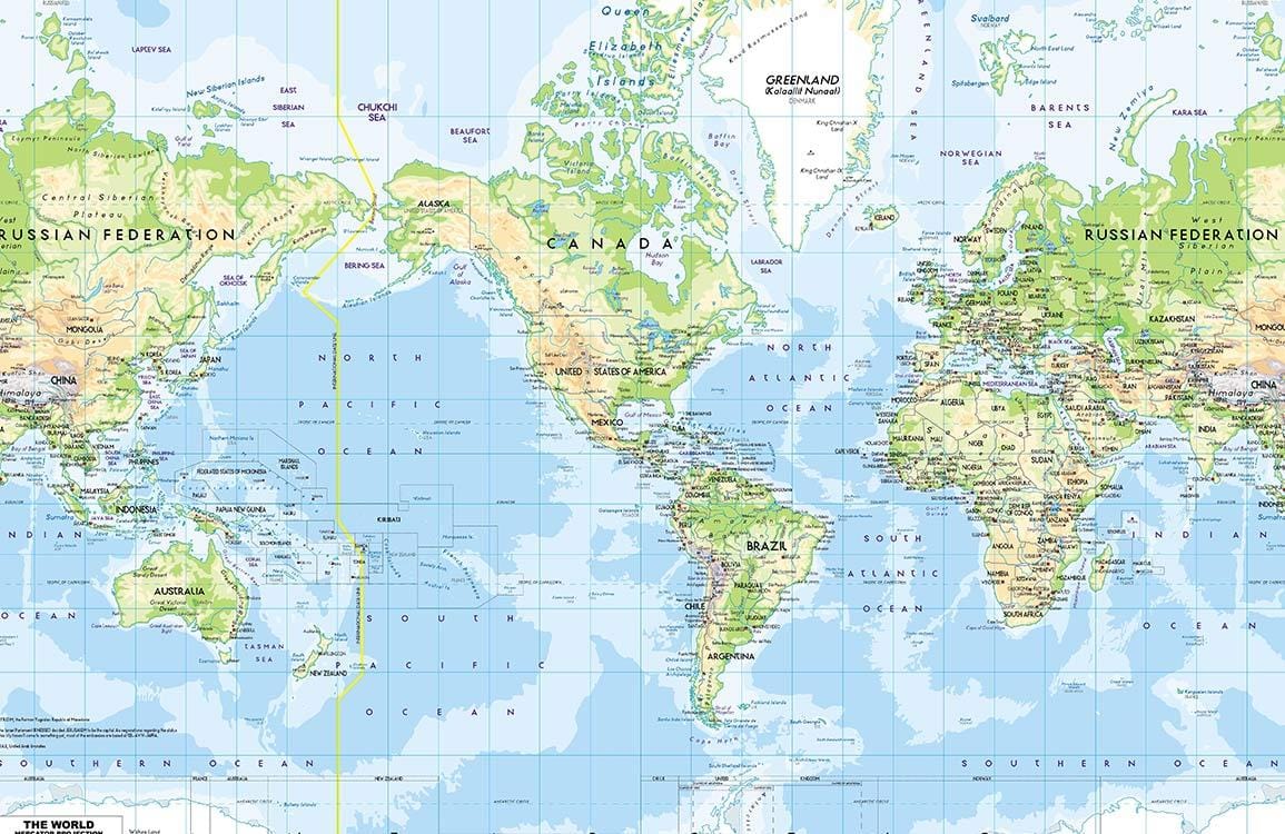 World Map Blue Green Mural Wallpaper for Home Office Décor