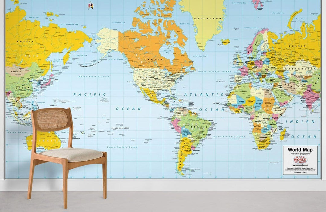 Explore the World: Vibrant Colourful Map Mural Wallpaper, wooden chair, light grey floor, bright room.