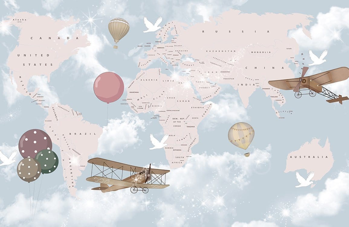 Vintage Aviation Adventure Map Wallpaper for Children's Room - Soft Pastel Design