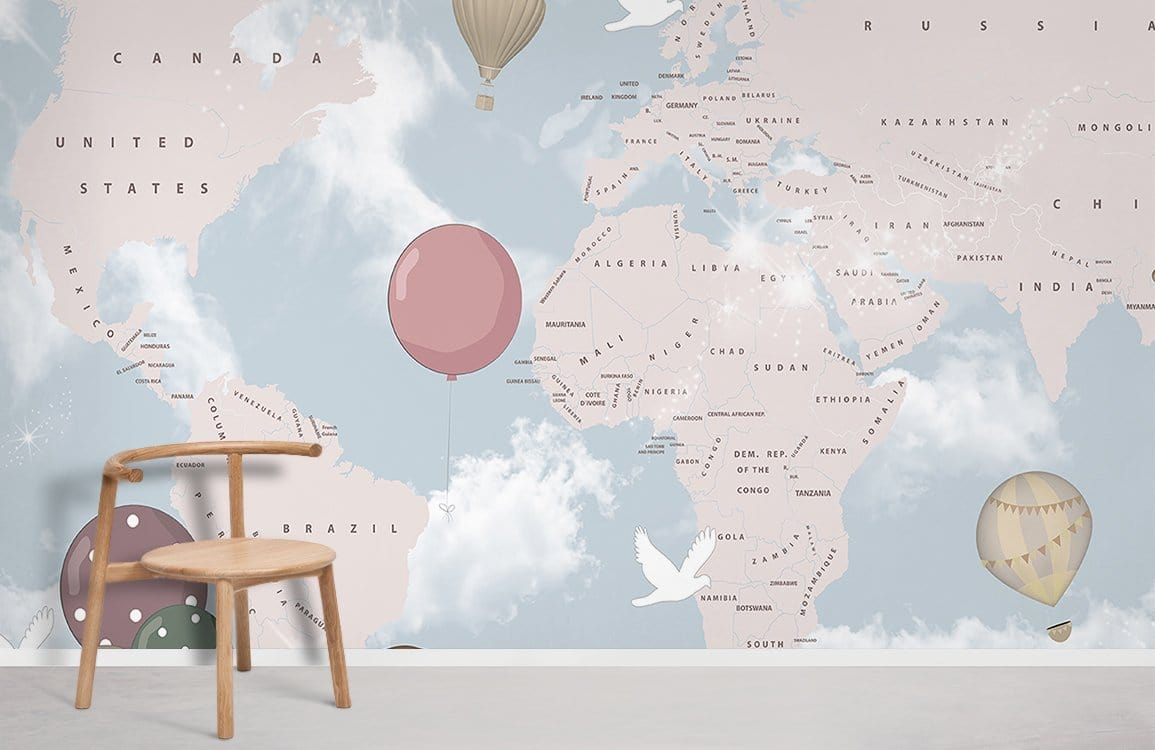 Vintage Aviation Adventure Map Wallpaper in pastel hues, wooden chair, children's room Décor.