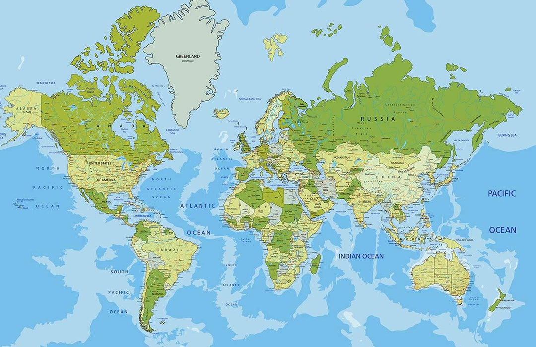 Vintage World Map Mural Wallpaper in Green and Blue Tones